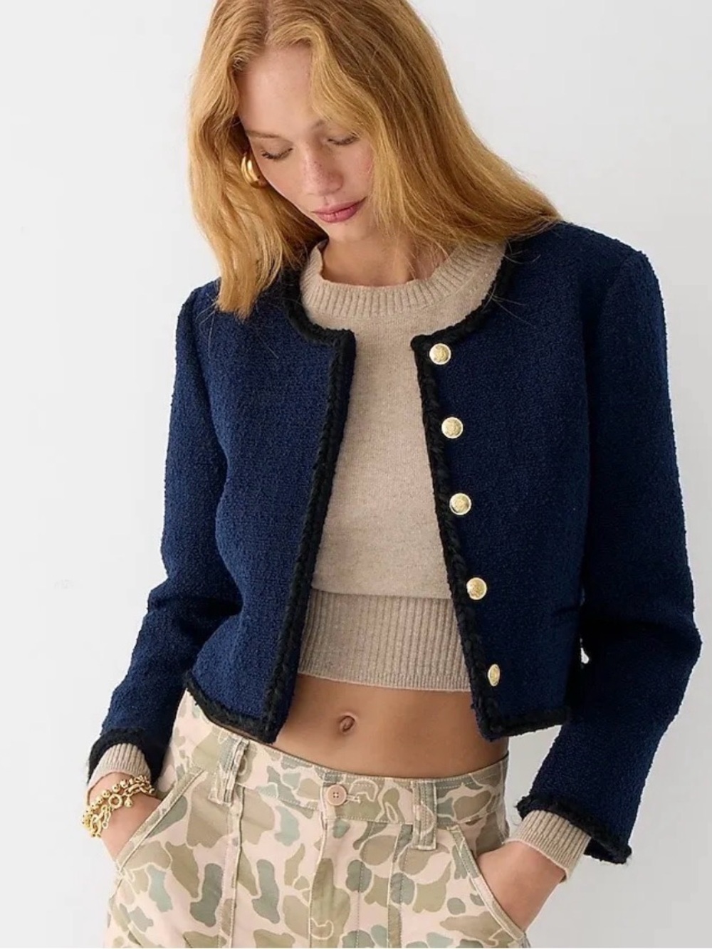 J.Crew Navy Tweed Bomber Lady Jacket Gold Buttons Cropped Size Small